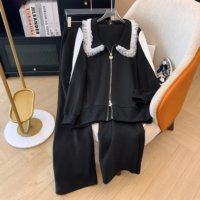 大码女装胖mm蕾丝拼接开衫外套卫衣休闲裤高级感两件套装春秋新款