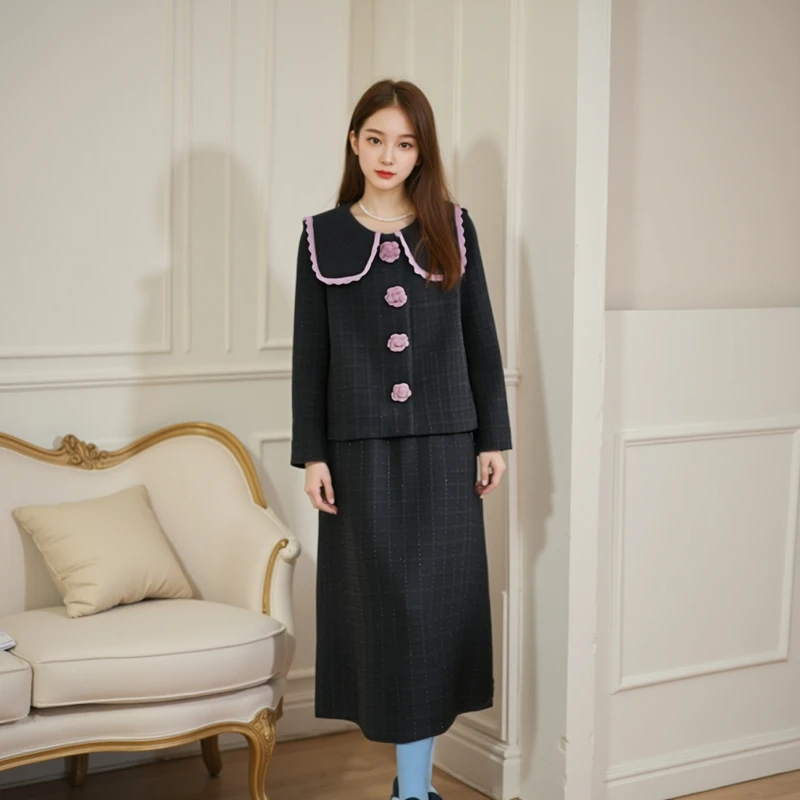 300斤大码女装胖mm冬夹棉法式小香风外套+高腰半身裙套装2024新款