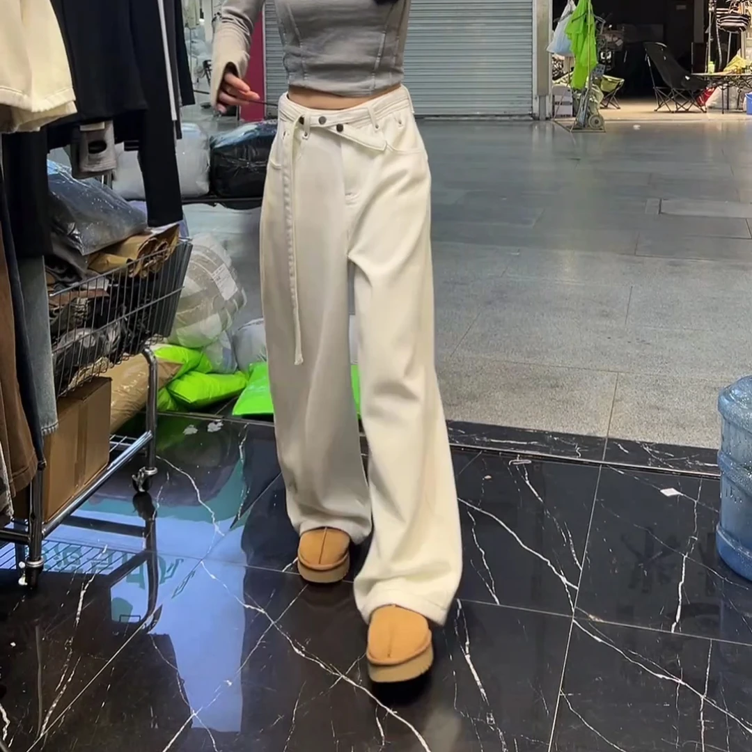 【极简主义】米白加绒斜系带牛仔冬季新款设计百搭拖地裤LK2500747