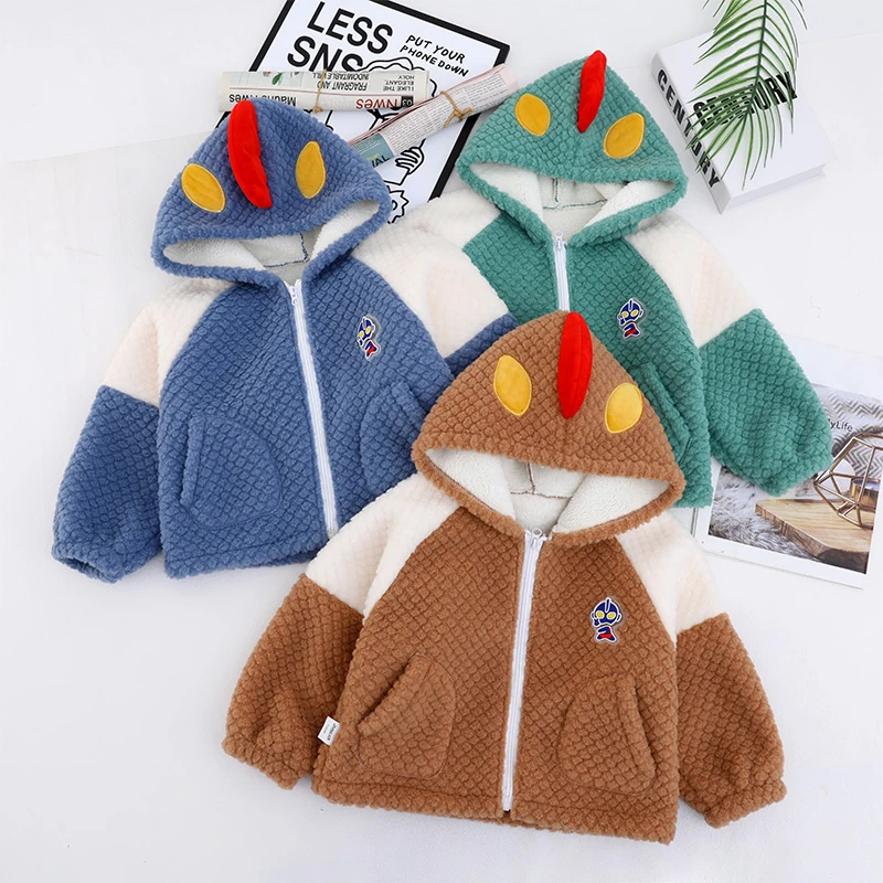 儿童韩系保暖毛毛衣男童加绒连帽外套宝宝可爱卡通外穿开衫罩衣