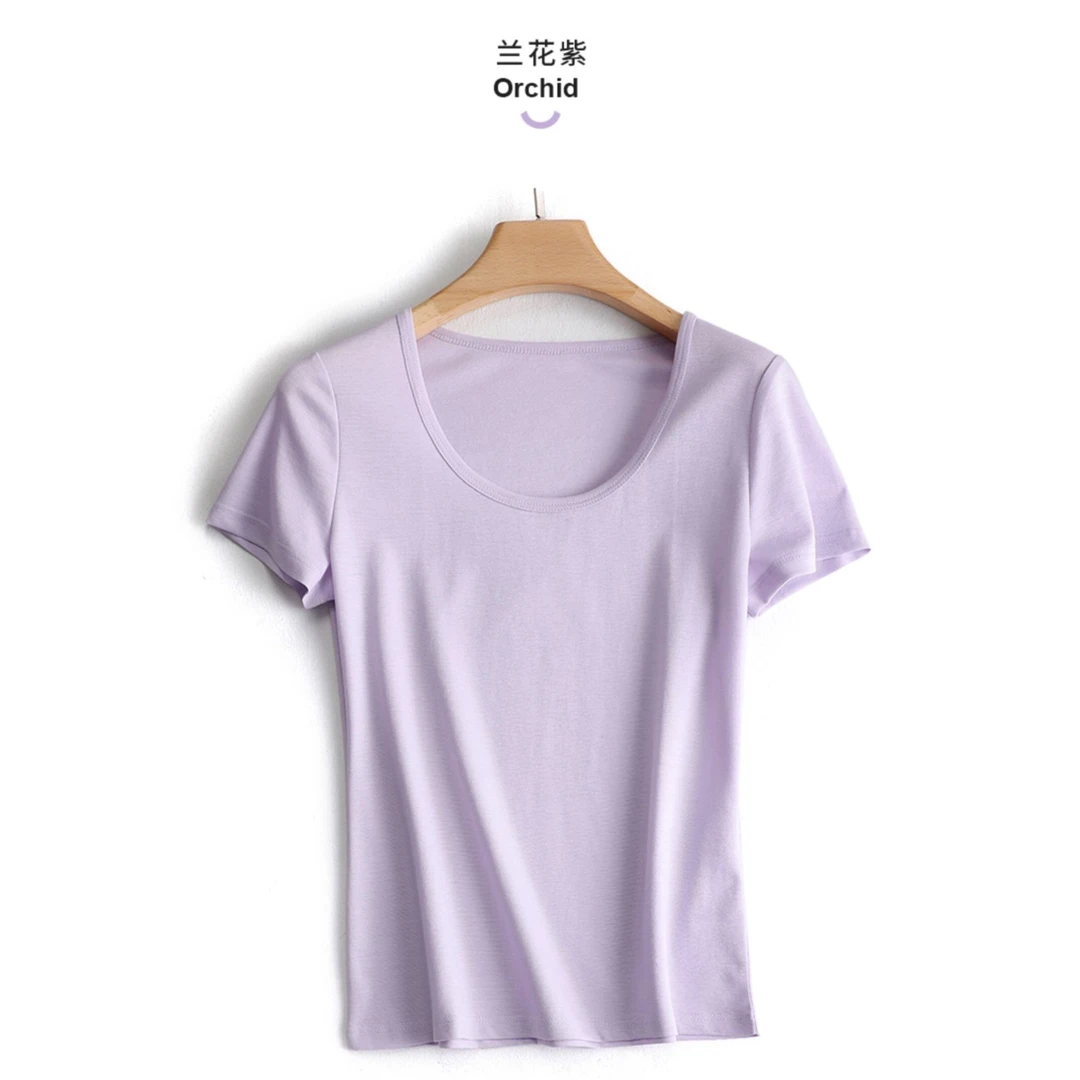 醋酸+桑蚕丝-夏季休闲女士U领T恤 柔软纯色百搭清爽莱赛尔天丝！！