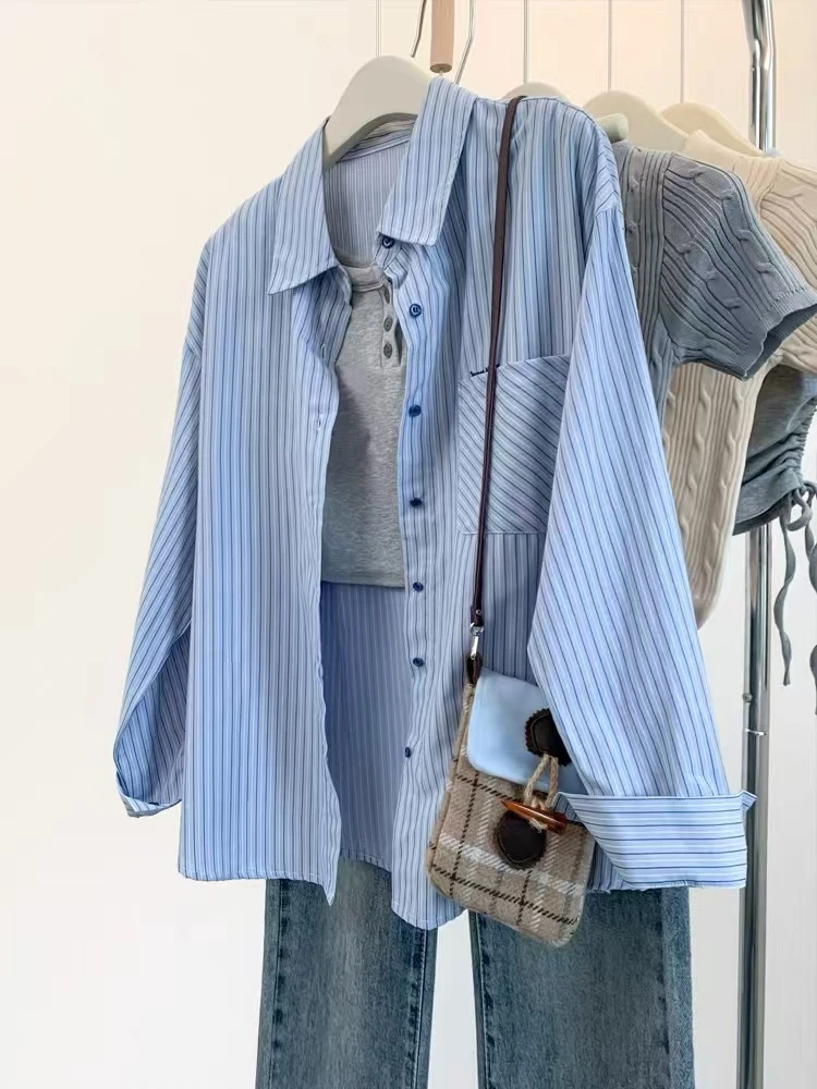2025新款韩系蓝色条纹衬衫翻领宽松刺绣衬衣长袖设计感休闲上衣女