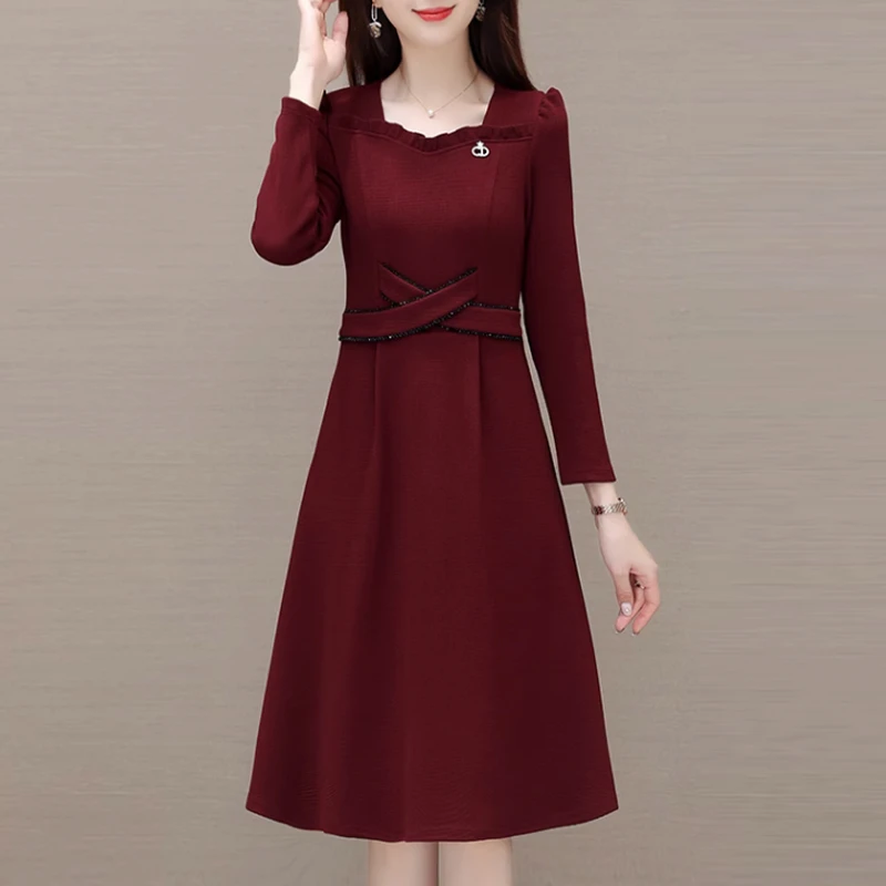 喜婆婆婚宴装酒红色连衣裙女春秋款妈妈高贵气质结婚礼服平时可穿