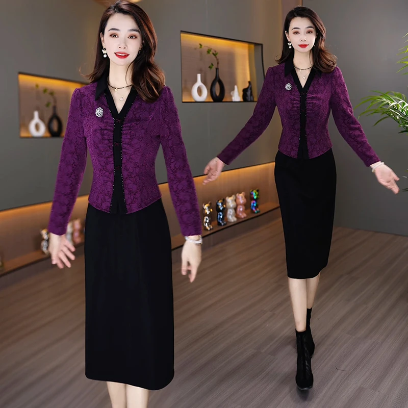 连衣裙女紫罗兰蕾丝拼接黑色假两件显瘦气质洋气时尚修身裙子秋冬