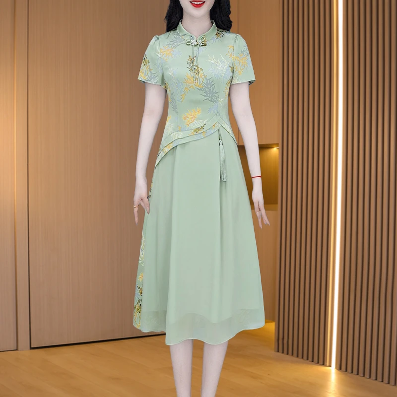 萱19080优雅新款气质时尚套装大气减龄显瘦假两件连衣裙夏季M-4XL