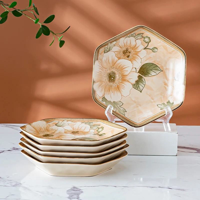 句途山茶花6个8英寸六角盘盘子陶瓷盘碟