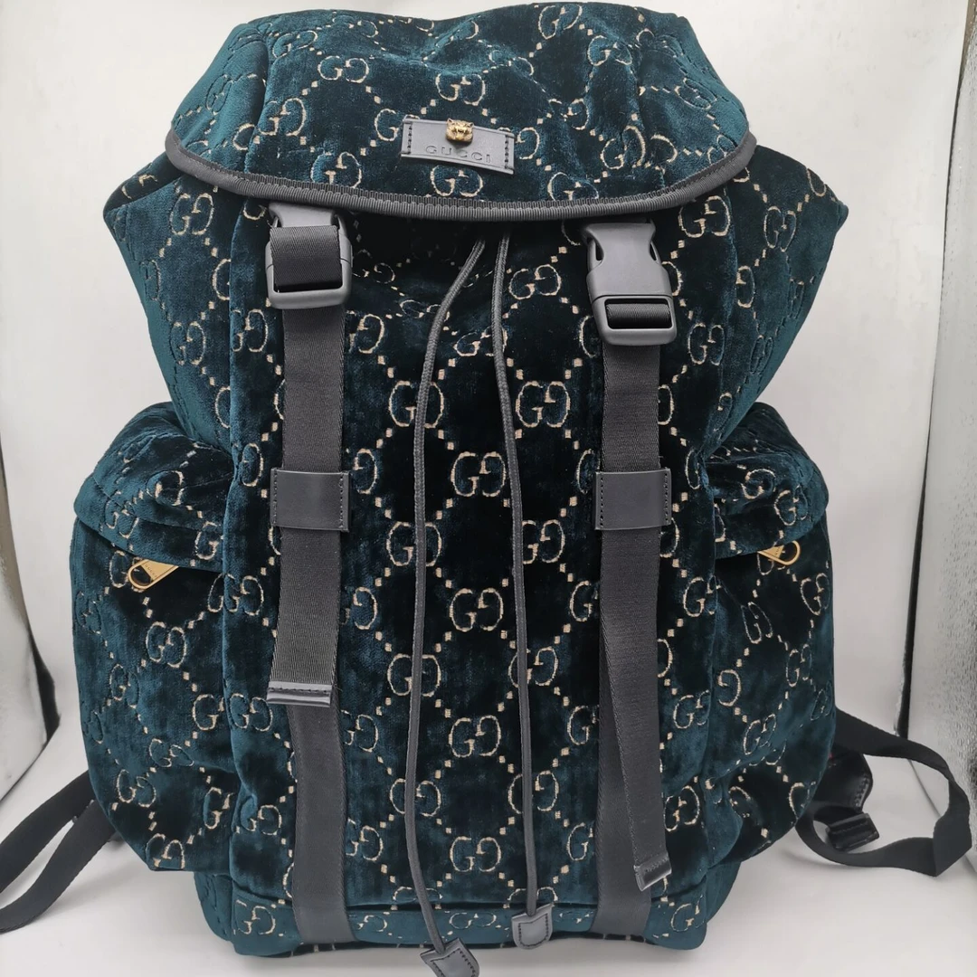 99新 GUCCI/古驰 98新15399 GUCCI古驰虎头天鹅绒拼皮双肩包休闲