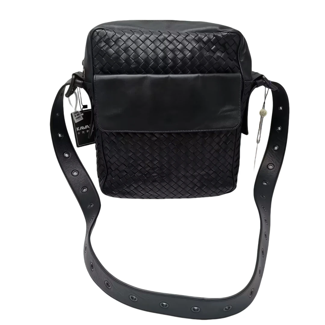 95新 BOTTEGA VENETA/葆蝶家 16408 BV黑色全皮斜挎包 编织单肩