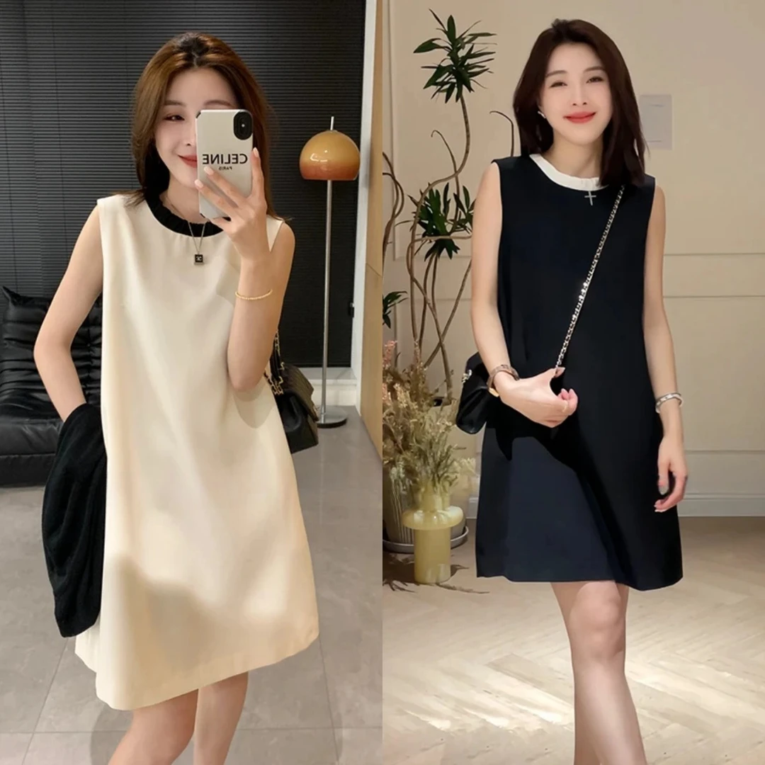 欧货夏季新款拼色圆领无袖小香风高级感显瘦连衣裙a字女装连衣裙