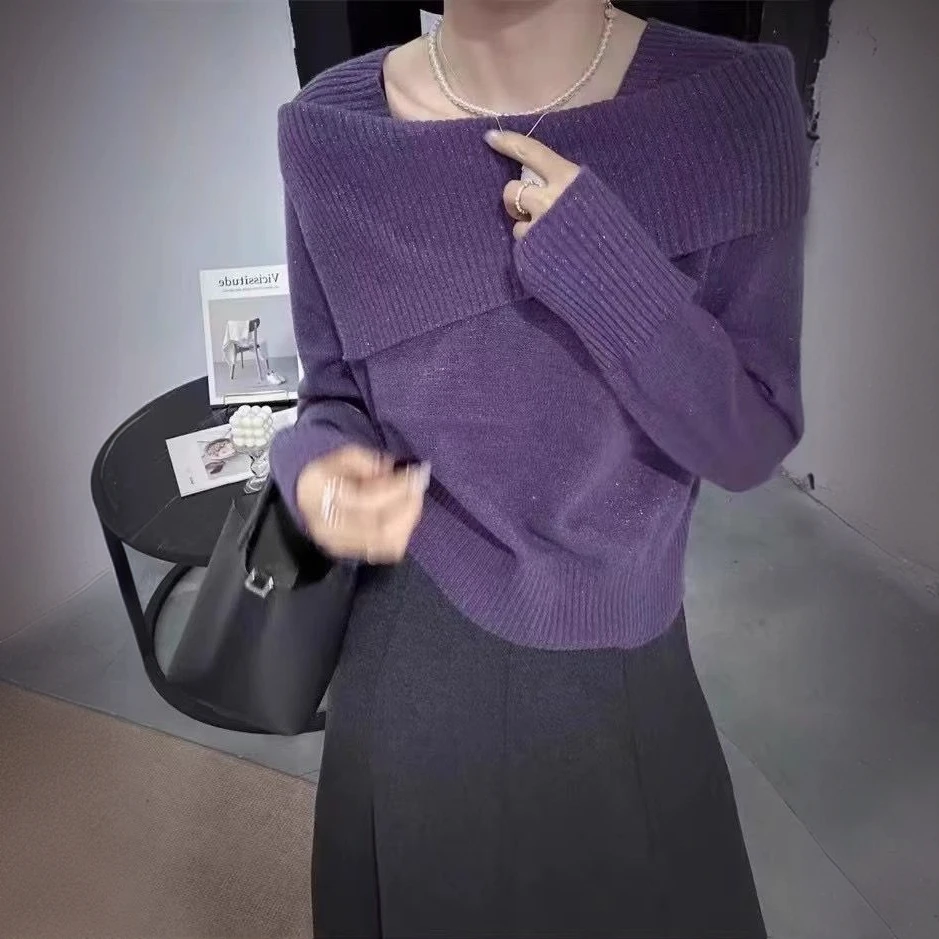 欧洲站秋冬欧货一字领露肩纯色高级感针织衫女宽松慵懒风毛衣