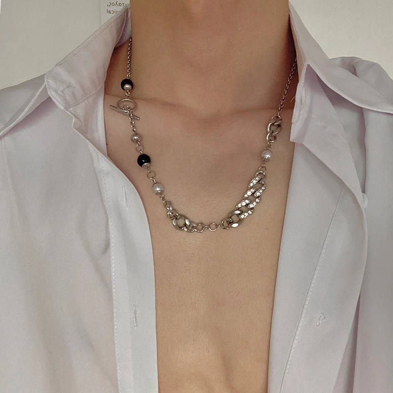 钛钢项链 古巴拼接项链男ins冷淡风镶钻嘻哈简约百搭轻奢小众设计