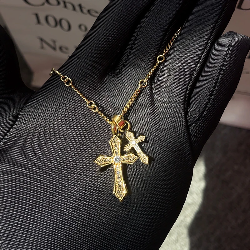 钛钢项链 K罗不掉色双十字架男女潮流高级感吊坠小众轻奢毛衣链