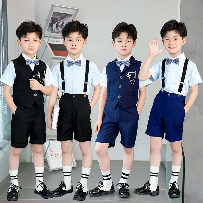 2025儿童礼服男童花童马甲套装钢琴演出服男孩背带裤主持人西服夏