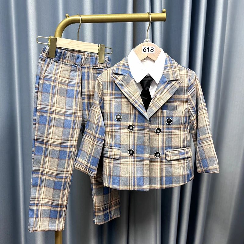 儿童西装套装男童休闲格子英伦风西服小孩钢琴演出主持人礼服618