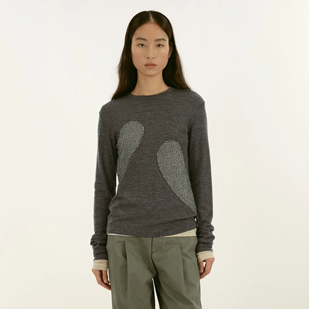 sagestudio 深灰提花料拼接针织长袖T恤