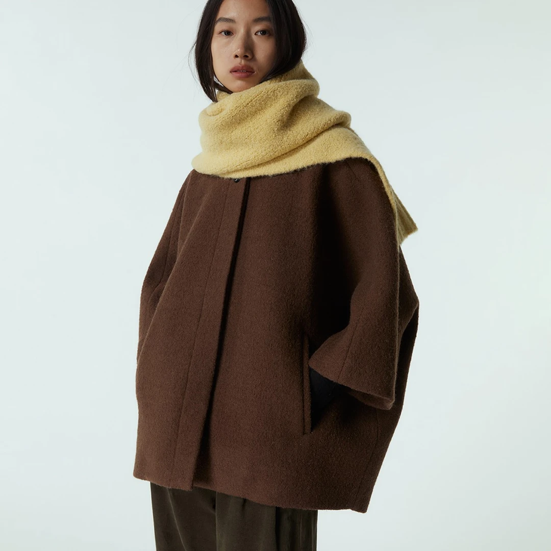 sagestudio 咖色全羊毛圆领连身袖短外套
