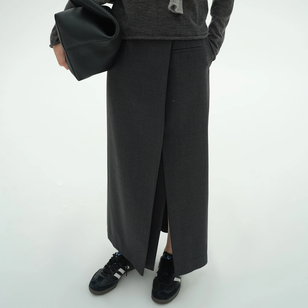 sagestudio 深灰色开叉无腰头休闲直筒中长款纯色半身裙