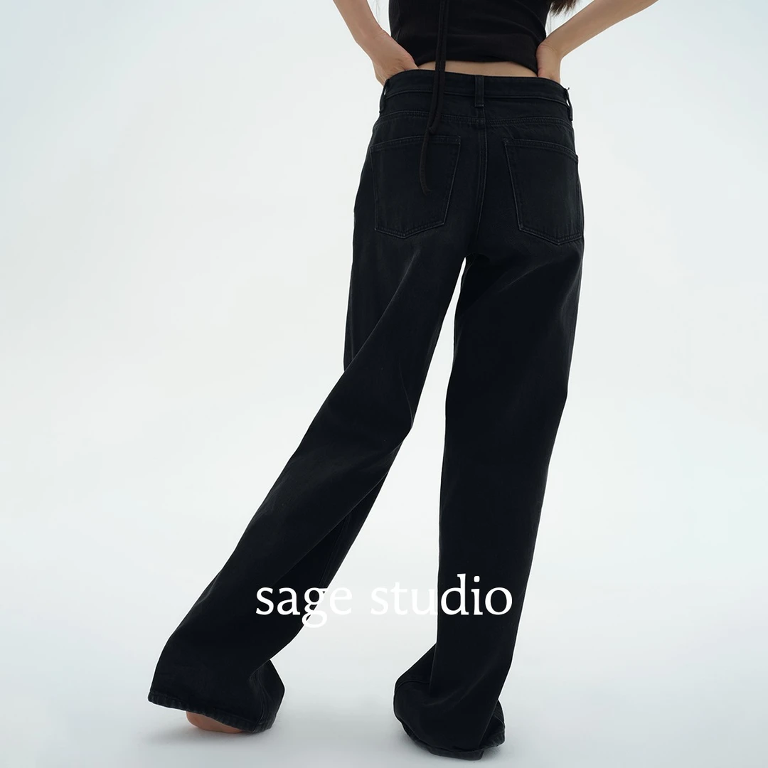 sagestudio 100%新疆棉 黑色中低腰直筒牛仔裤长裤