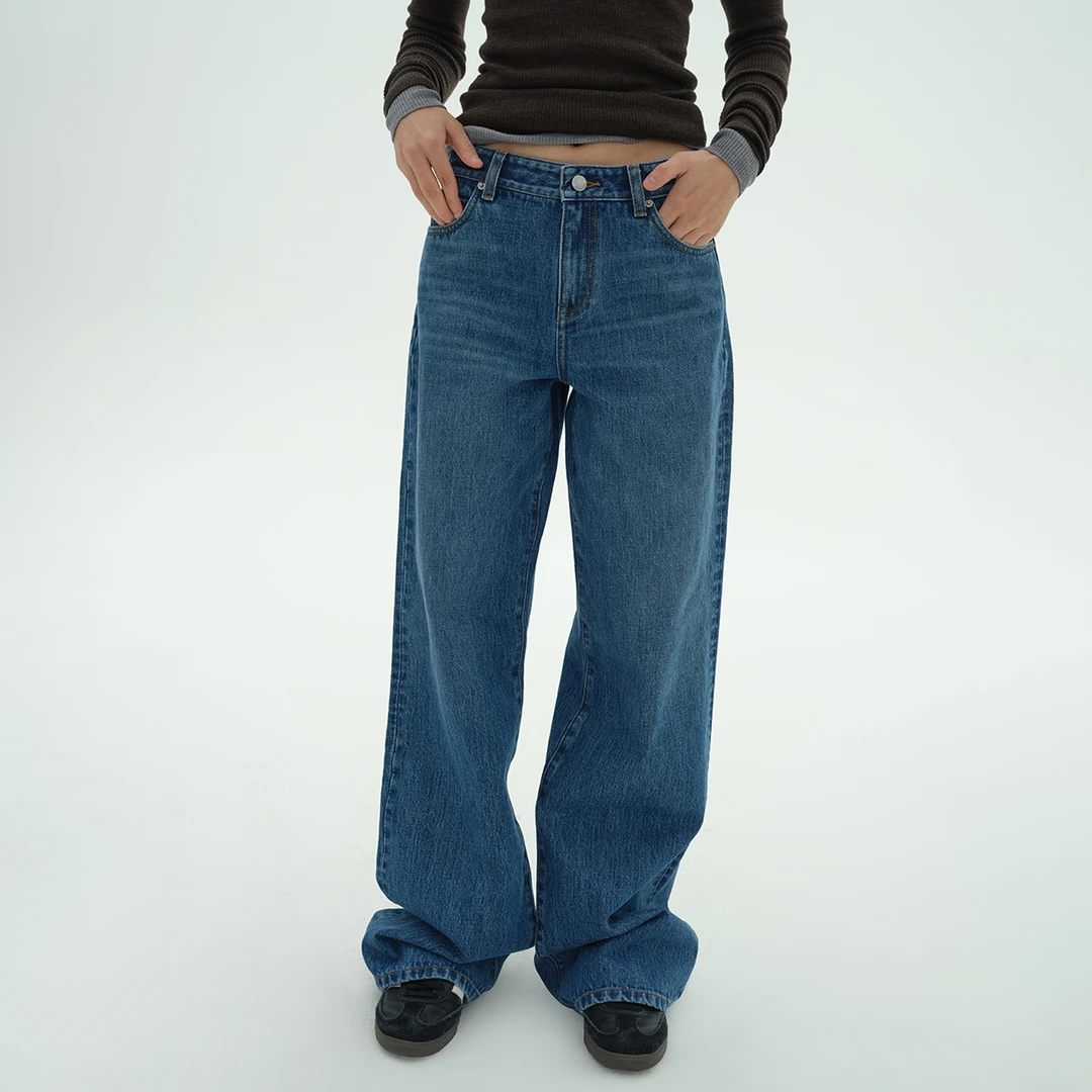 sagestudio 经典蓝色中腰水洗直筒牛仔长裤