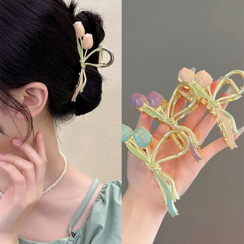 郁金香抓夹后脑勺盘发发夹超仙鲨鱼夹丸子头发卡头饰