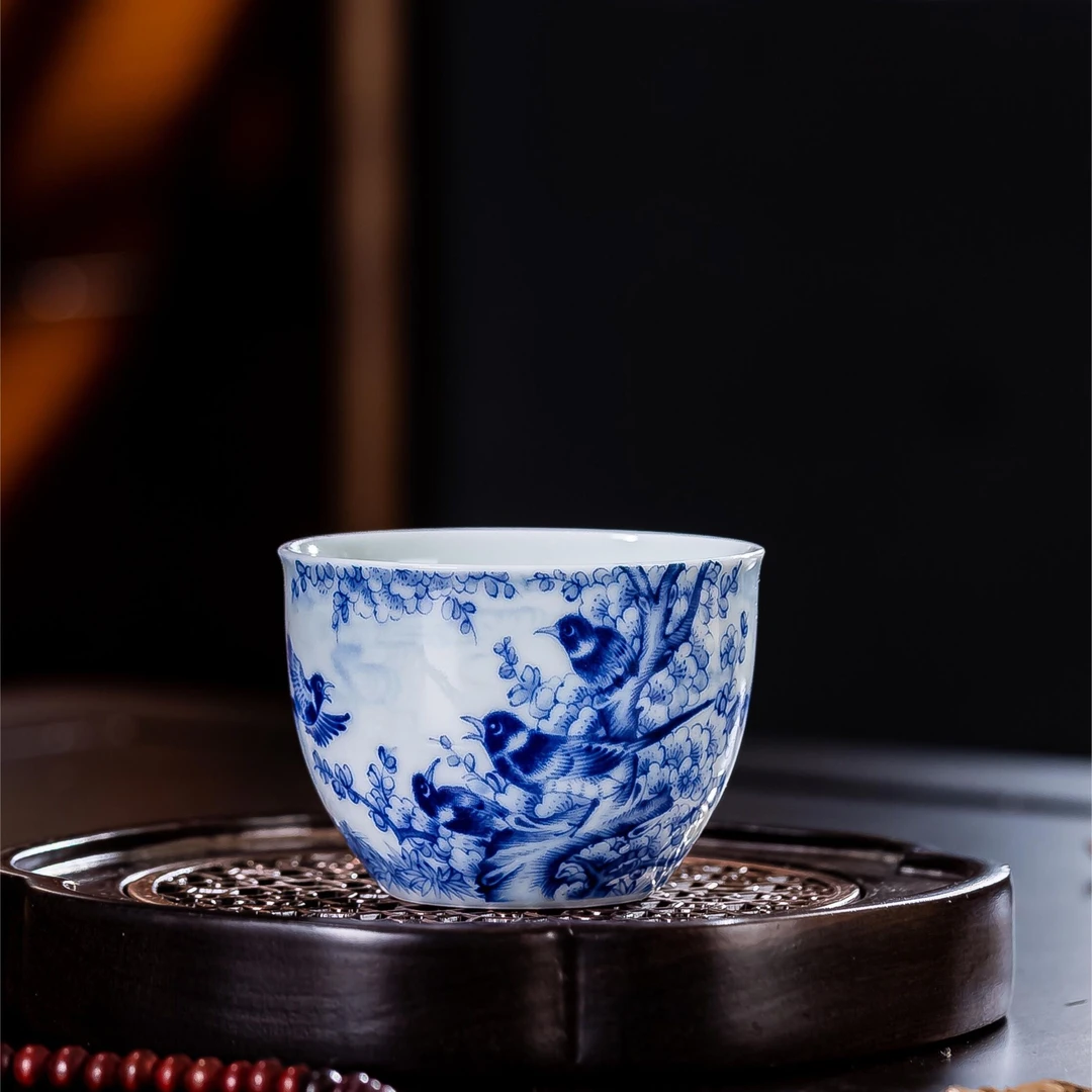 （拍3发4）景德镇青花陶瓷茶杯手工喜上眉梢客杯家用小容量茶杯