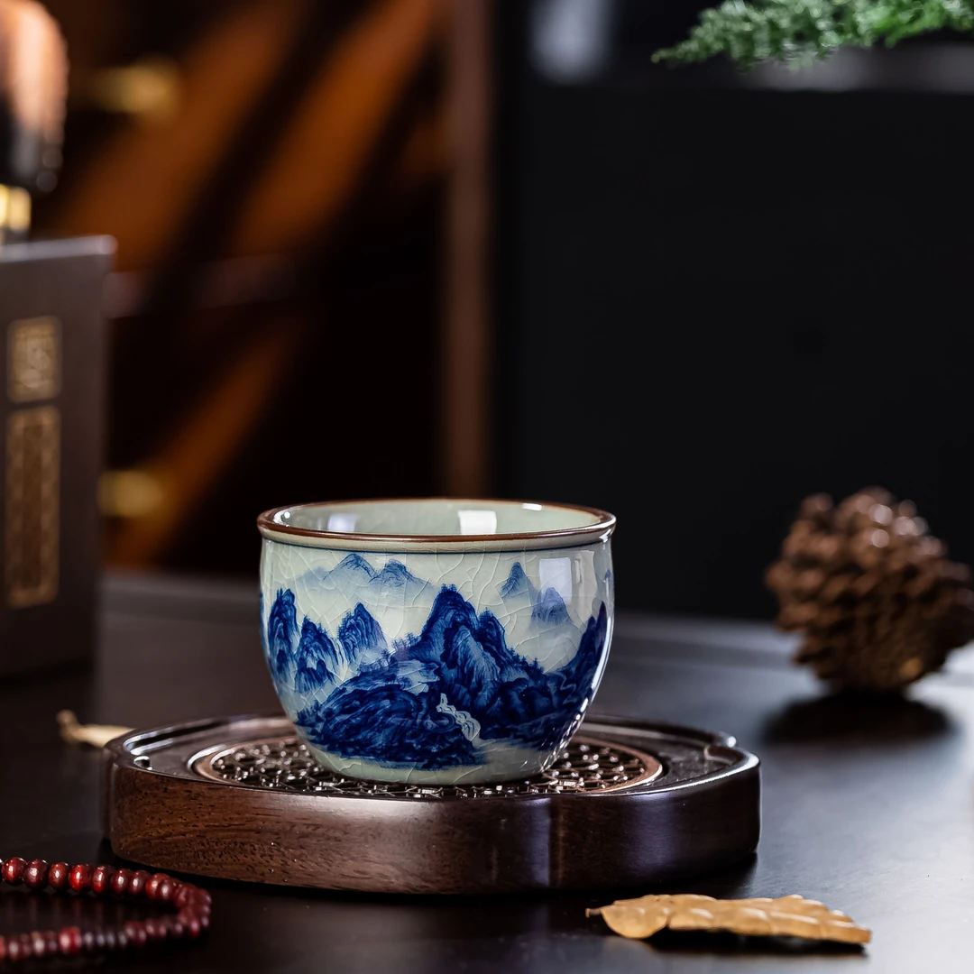 景德镇青花陶瓷主人杯手工老陶泥千里江山缸杯单杯品茗杯
