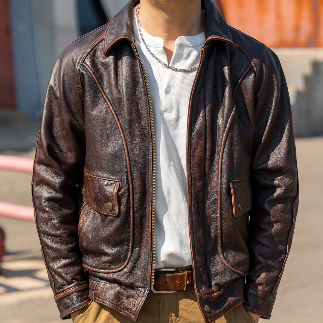 新款港风复古做旧飞行服皮夹克头层厚牛皮春秋外套宽松短款皮衣男