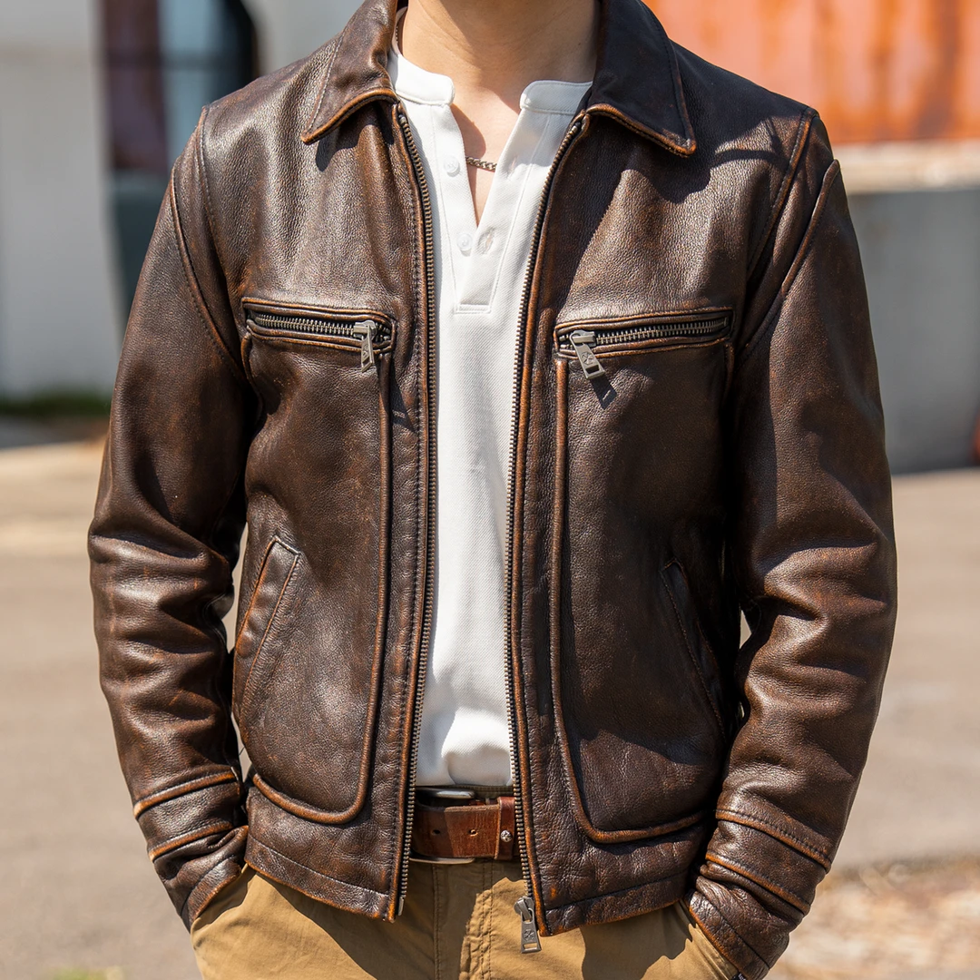 硬汉段奕宏同款复古头层牛皮夹克磨边做旧翻领机车服真皮皮衣男春