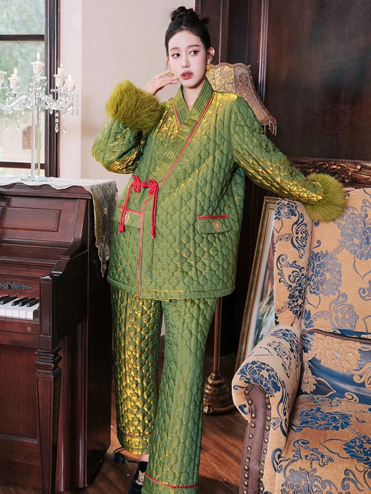 原创新中式织金双色夹棉加厚加绒家居服睡衣珊瑚绒加棉两件套装冬