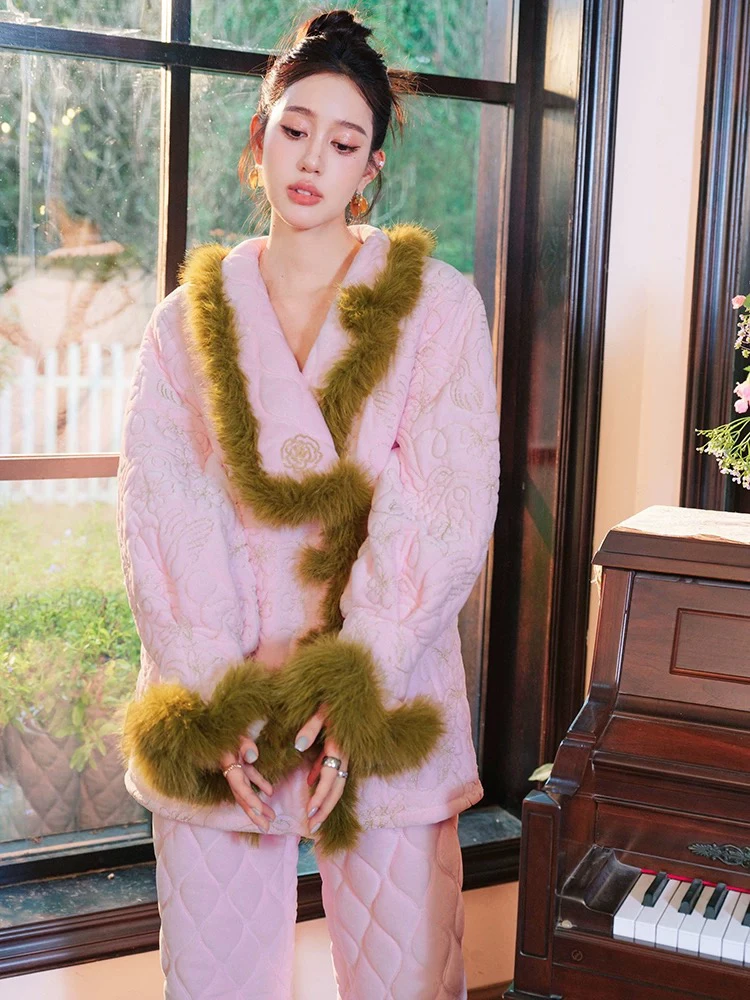 原创冬日恋歌金线满绣撞色三层加厚睡衣两件套宽松加绒家居服套装