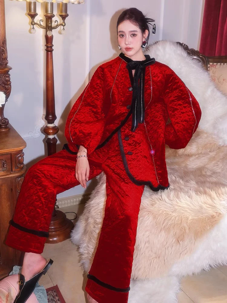 原创酒红水钻三层夹棉加厚睡衣可外穿灯笼袖加棉两件套家居服套装