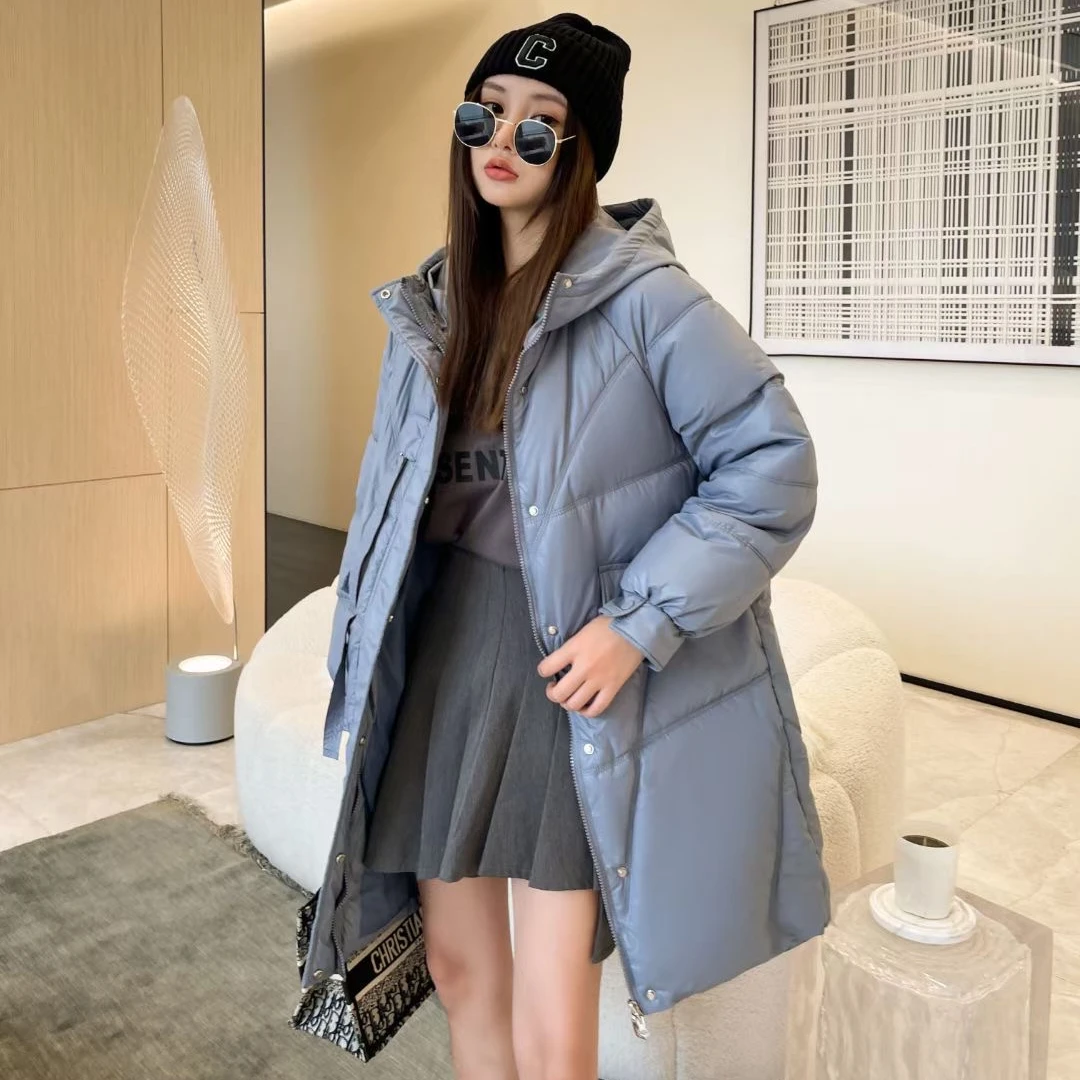 冬季新款中长款女绒棉服保暖加厚纯色连帽外套女（80-165斤）