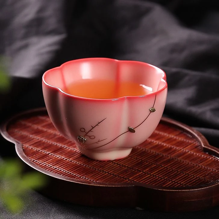 桃红主人杯茶盏女生个人茶杯单个胭脂红手工压手杯茶碗花瓣杯