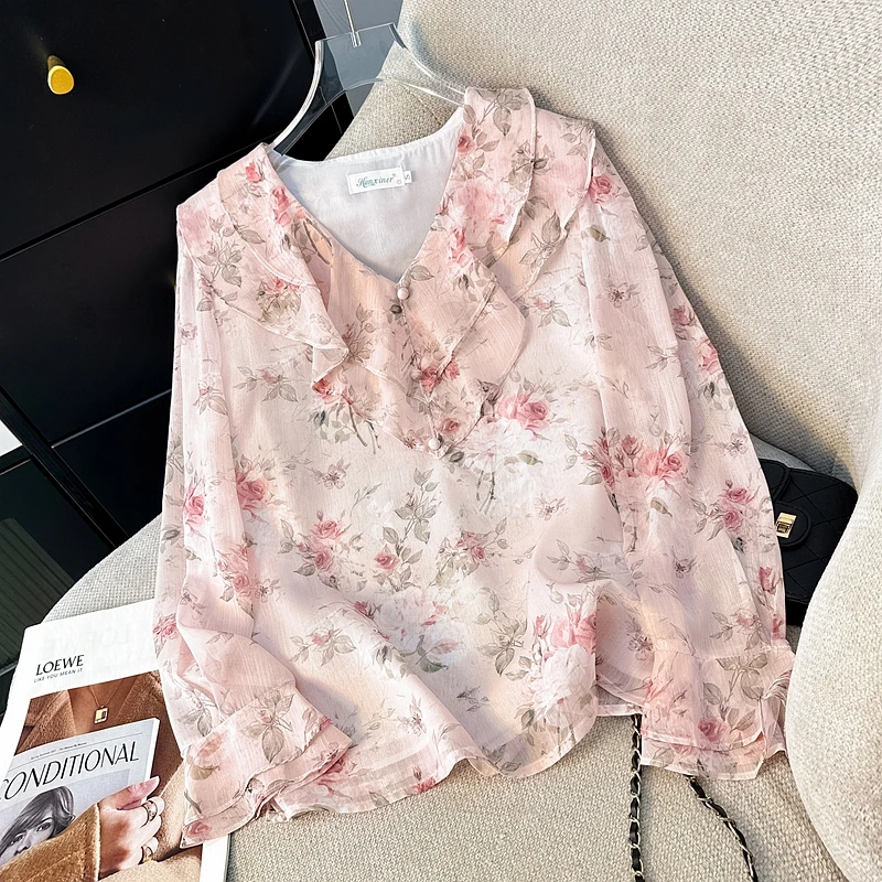 雪纺衬衫女设计感小众2024秋季新款V领荷叶边雪纺衫长袖碎花上衣