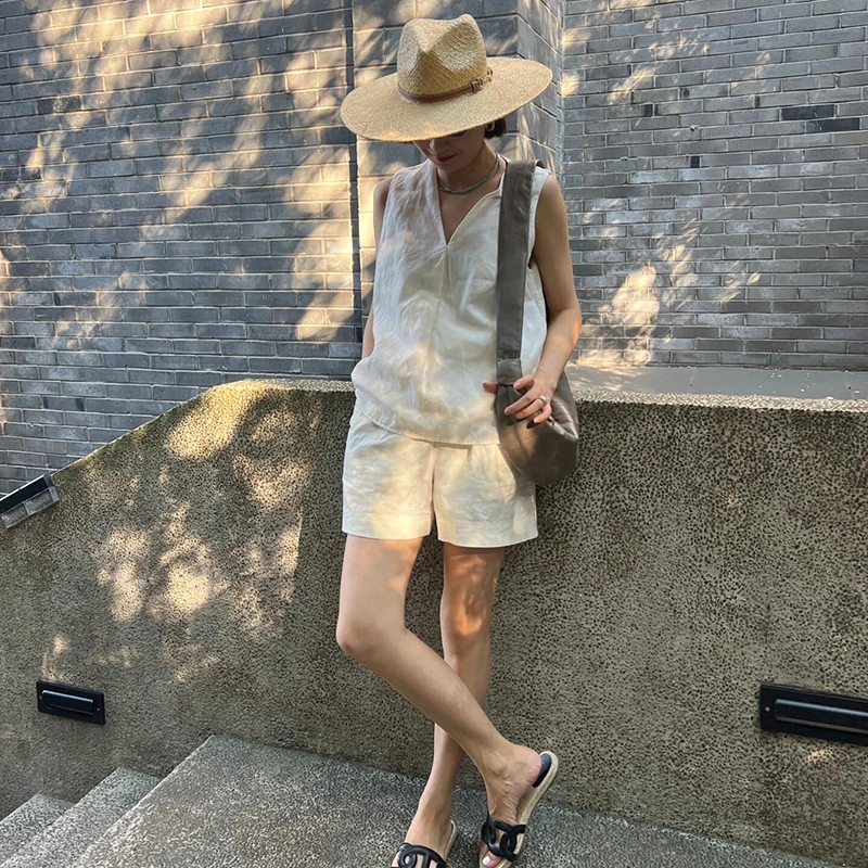 亚麻无袖马甲背心两件套薄款高级感老钱风小个子马夹上衣短裤套装