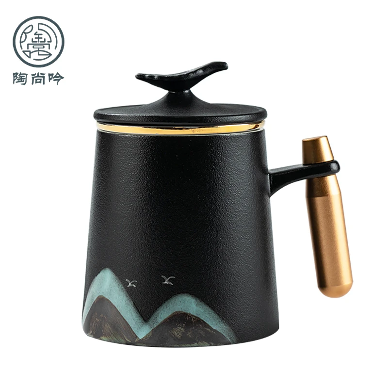 高档陶瓷办公杯家用茶水分离泡茶杯带盖过滤定制描金喝水男女杯子