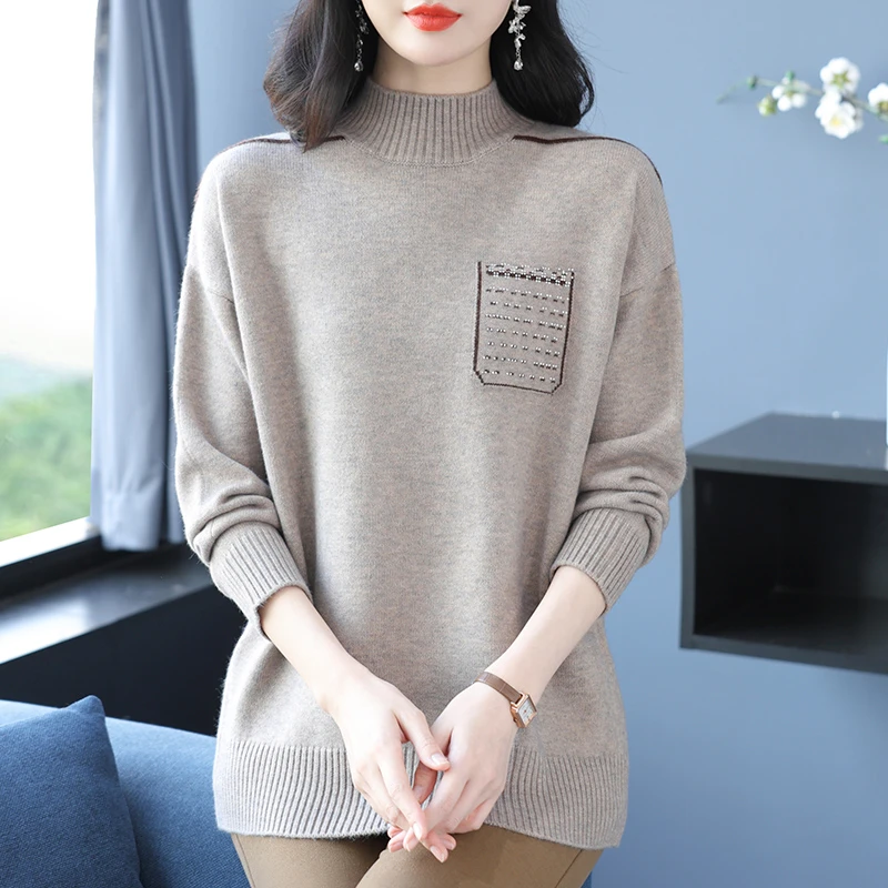 半高领毛衣女秋冬季洋气宽松遮肚针织打底衫XMY-7087