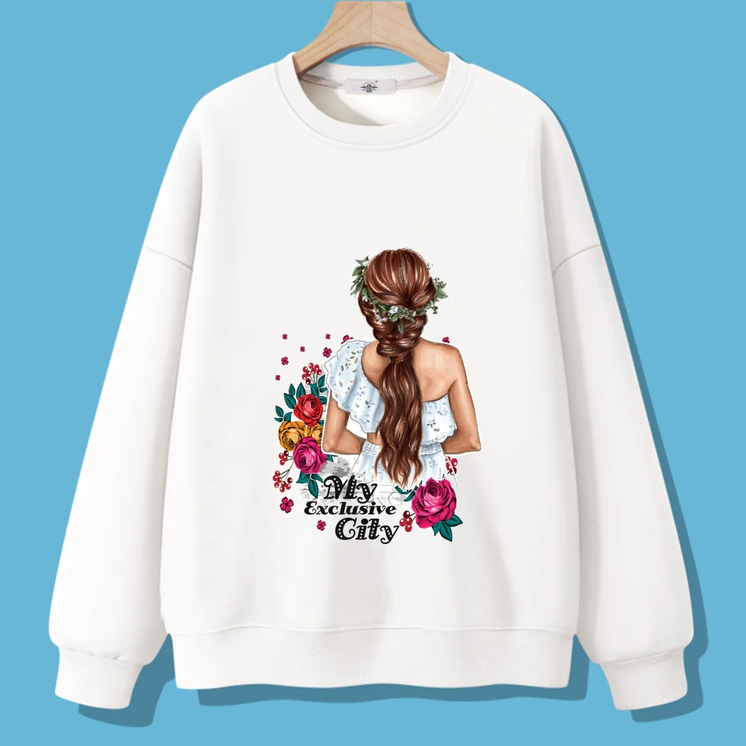 2023新款爆款时尚印花卫衣女秋冬加绒纯色长袖加绒圆领宽松上卫衣