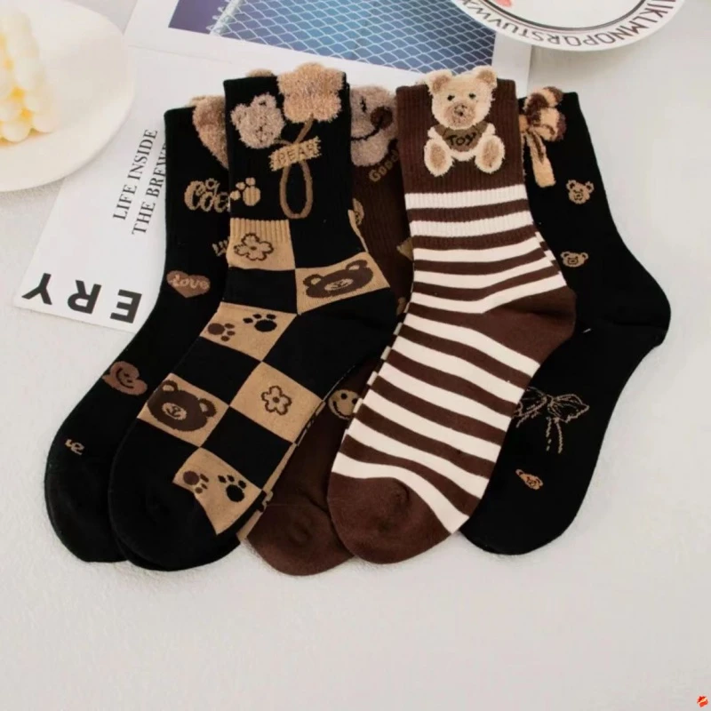 美拉德女童袜子秋冬款中长筒可爱卡通ins潮百搭韩版学院风小熊袜