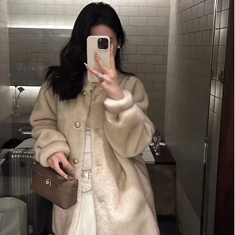 加厚中长款仿水貂大衣新款立领宽松温柔风甜美外套皮毛一体冬