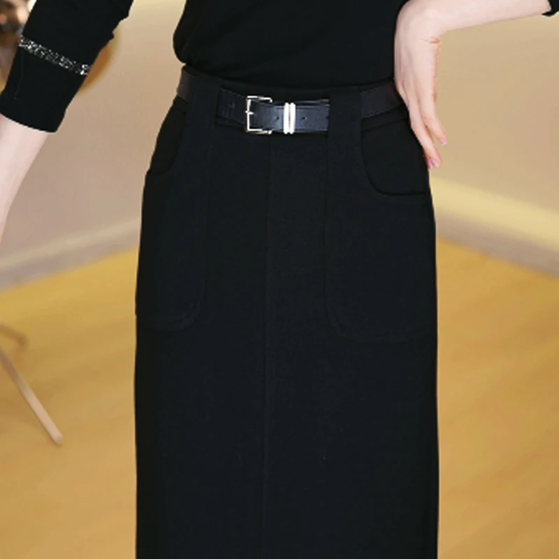 开叉半身裙女2024秋季新款遮肉显瘦中长款洋气直筒毛呢A字裙