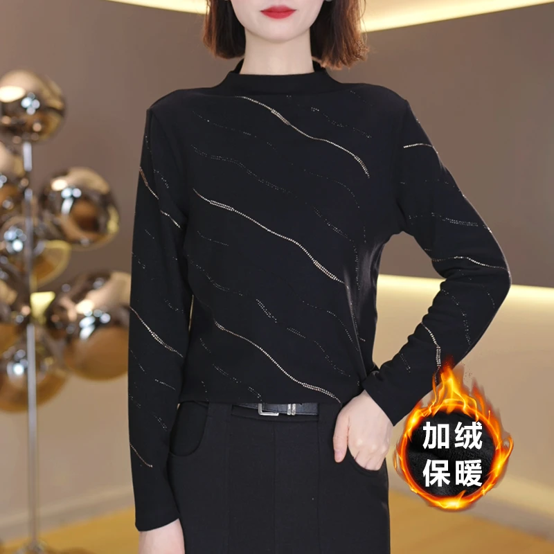 【设计师新款】轻奢秋冬打底衫女新款加绒保暖洋气半高领长袖上衣女