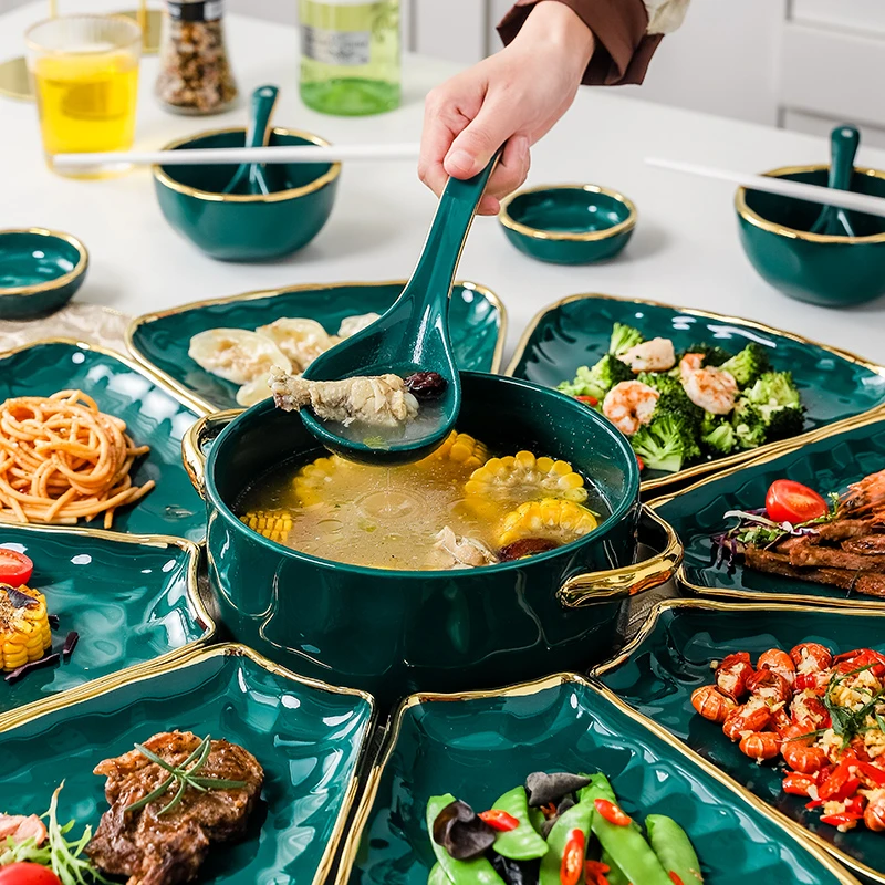 【紫钰家】北欧轻奢陶瓷金边团圆拼盘扇形圆形家用聚餐碗碟盘