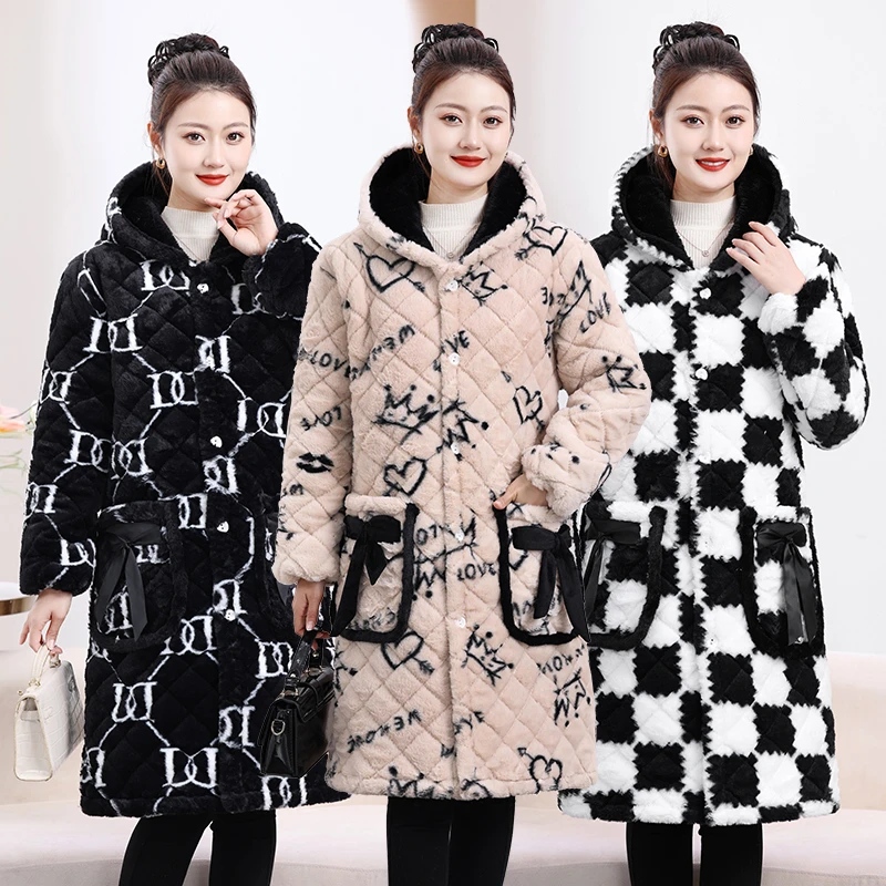 加长款冬季加绒加厚中长款棉衣家居服保暖外穿外套棉袄罩衣女SY20