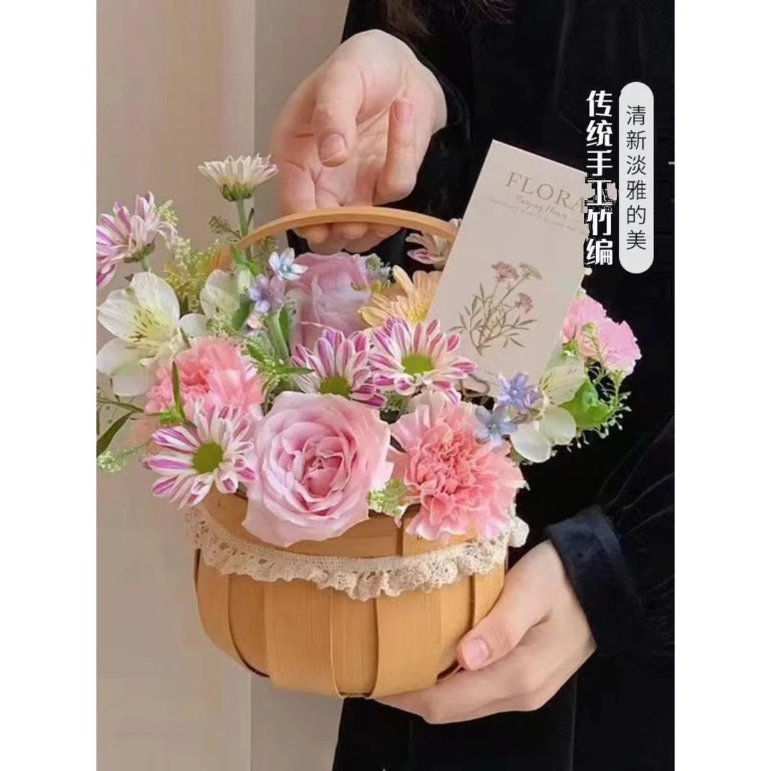 木片编织手提插花花艺花篮竹篮子摆件拍照田园小花篮装饰节日花店