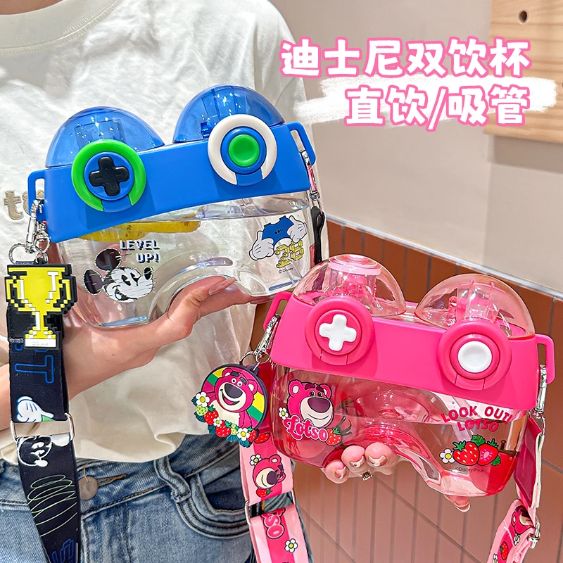 迪士尼新款双饮吸管杯儿童水杯水壶学生专用防摔水杯卡通