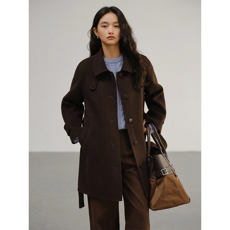 素典【英伦作家】高级感全羊毛大衣冬季收腰系带双面毛呢外套3005