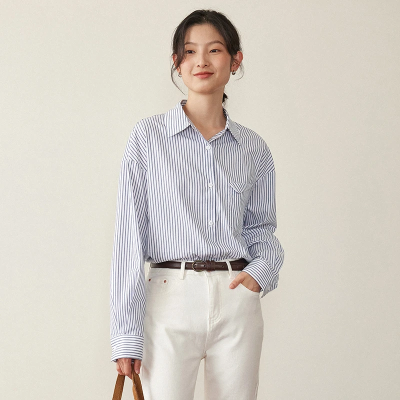 素典【条纹艺术】复古港味条纹衬衫长袖春新款休闲百搭衬衣984