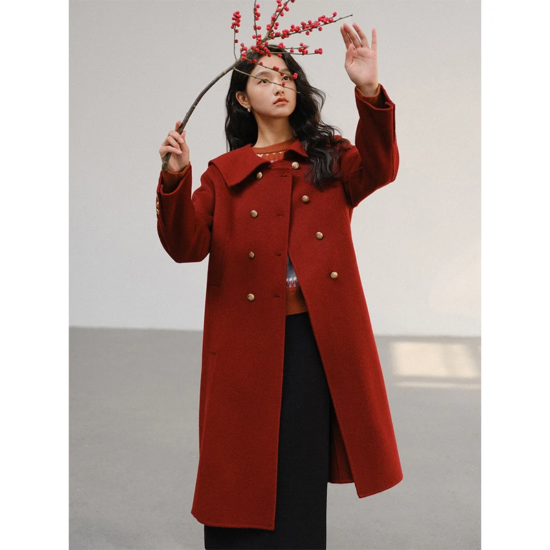 素典【新年缪斯】红色海军领毛呢外套冬季宽松中长款全羊毛大衣2984