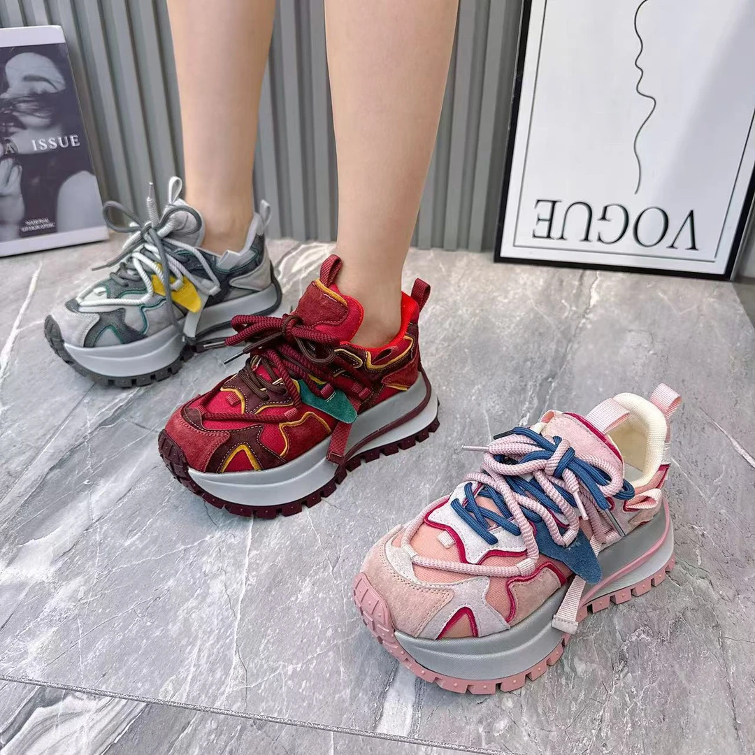 3665春季欧货女士潮流拼接透气皮拼水洗布时尚休闲鞋阿甘底休闲鞋